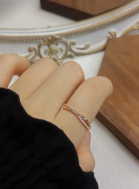 s925纯银简约闪麟交叉锆石食指戒指女ins网红时尚个性可调节指环