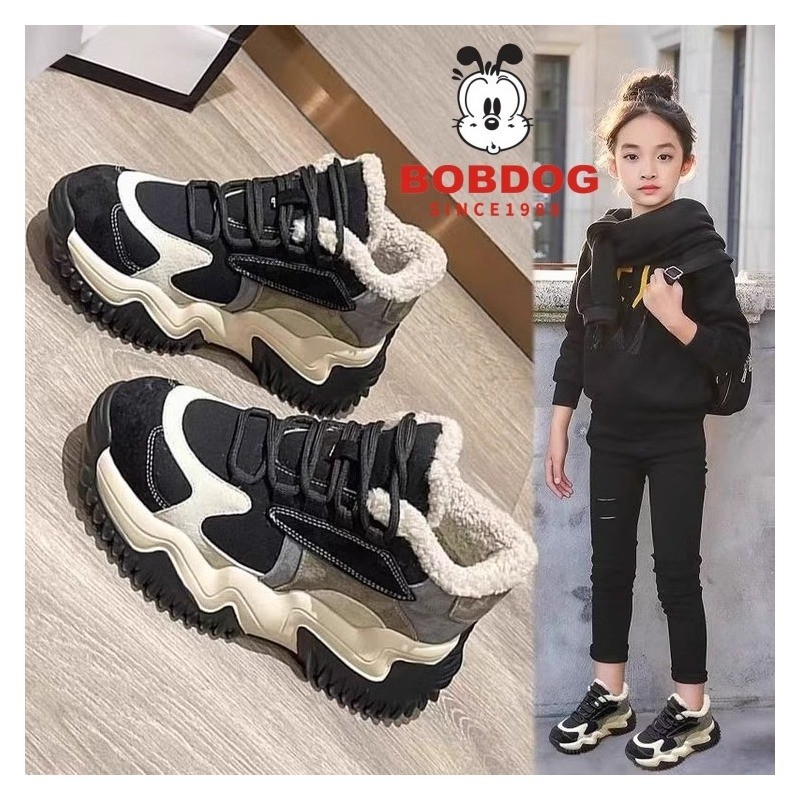 巴布豆女童棉鞋2024新款冬季真皮加绒儿童运动鞋子秋冬款雪地靴子