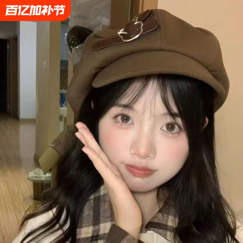复古百搭云朵贝雷帽日系秋冬纽扣报童帽女生显脸小大头围帽子八角