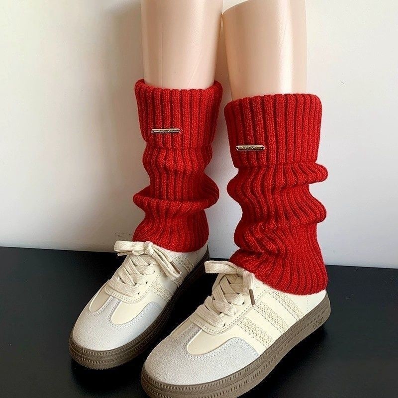 红色袜套女时髦百搭小腿套金属标美式复古秋冬季羊绒针织多规格