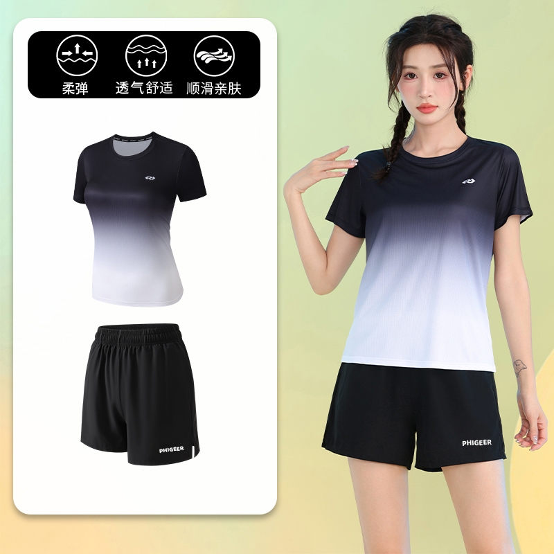 速干运动跑步服圆领套装男女大码健身户外羽毛球服瑜伽渐变短袖