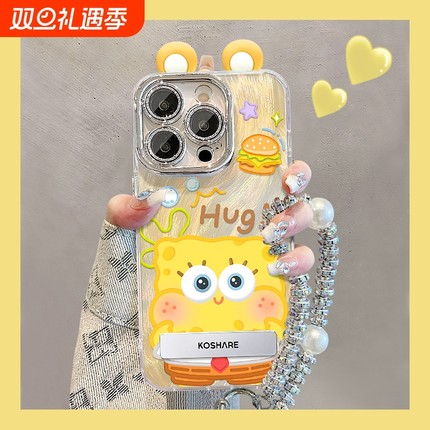适用vivox100手机壳秋新女款vivos19pro可爱海绵宝宝支架x90羽纱s17手链s18硅胶x60高级s15全包镜头膜x80软套