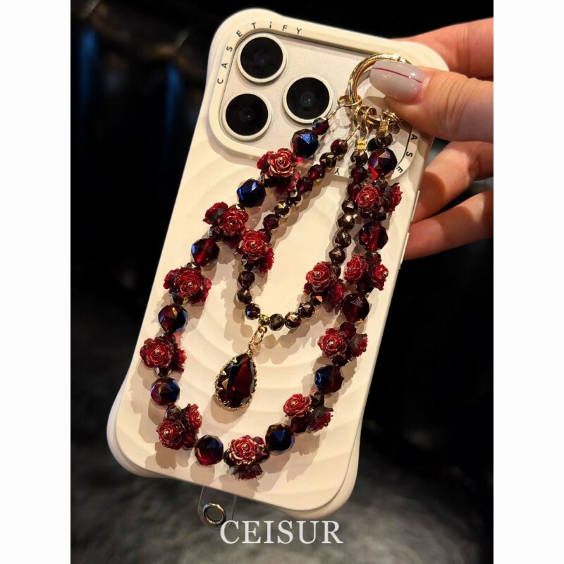 【复古玫瑰】高端奢华红色玫瑰串珠手机链挂件新年DIY饰品配件