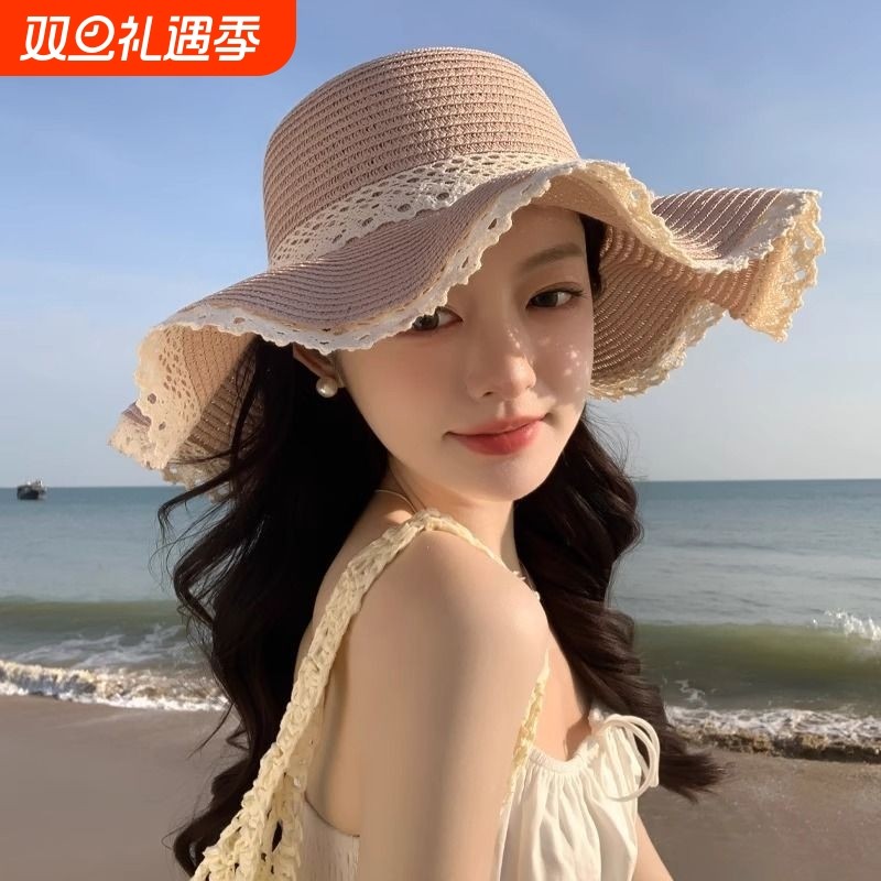新款波浪边草帽子女春夏季百搭旅行遮阳帽网红海边度假防晒太阳帽
