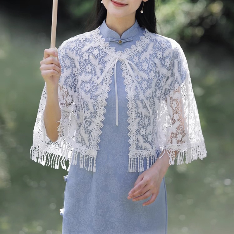 旗袍镂空披肩新中式优雅斗篷超仙外搭蕾丝流苏春夏薄款开衫小坎肩
