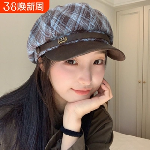 显脸小英伦风格纹毛呢八角帽黑复古贝雷帽女画家报童帽子格子冬季