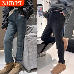 女童牛仔裤儿童装春秋冬季新款修身铅笔裤中大童一体加绒加厚长裤