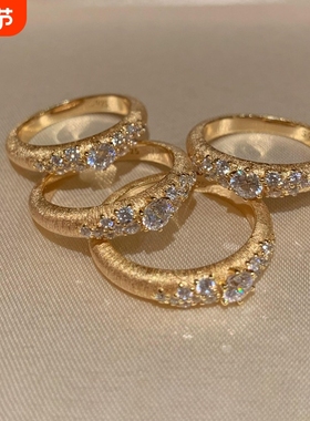 中古vintage金色拉丝点钻戒指女小众设计轻奢高级感满天星食指戒