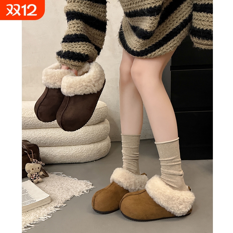 毛绒雪地靴女2025新款加绒保暖包头半拖懒人棉拖毛毛鞋厚底勃肯鞋