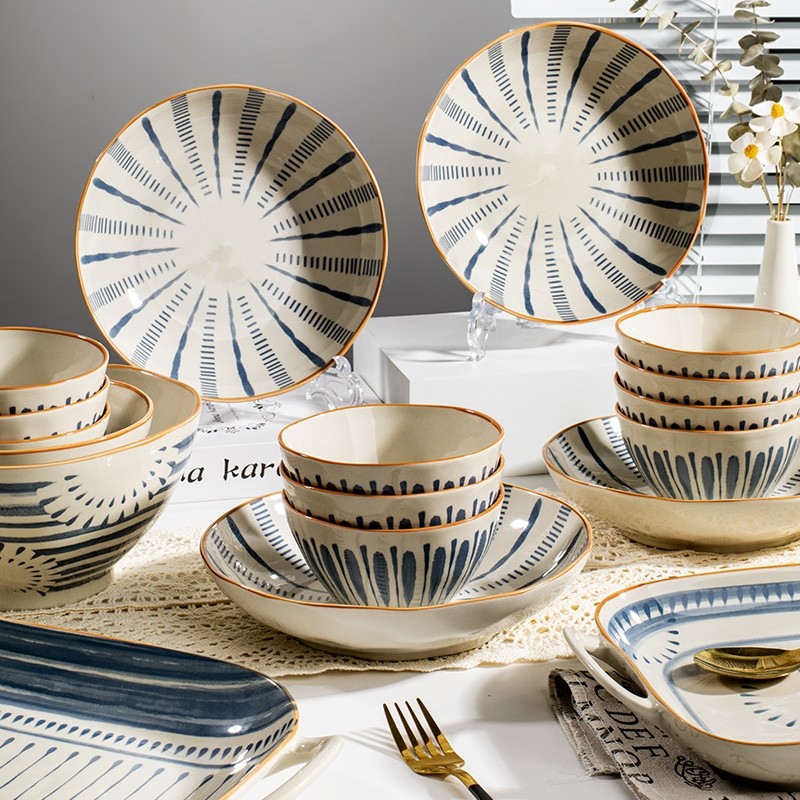 汤盘饭菜碟餐具碗盘釉下彩碗碟套装碗家用新款侘寂复古中古风乔迁