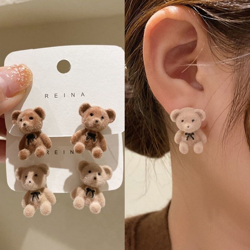 小众东大门植绒蝴蝶结小熊耳钉可爱甜美耳环韩国设计感卡通耳饰