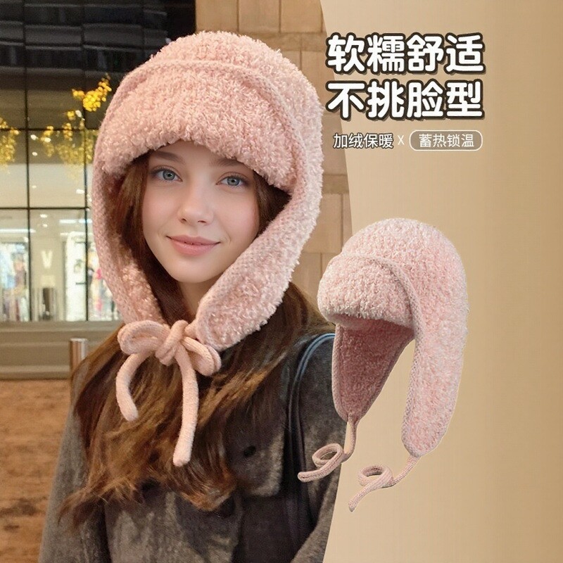 冬季女士护耳毛线帽大头围时尚保暖针织帽子红色紫色白色雷锋帽
