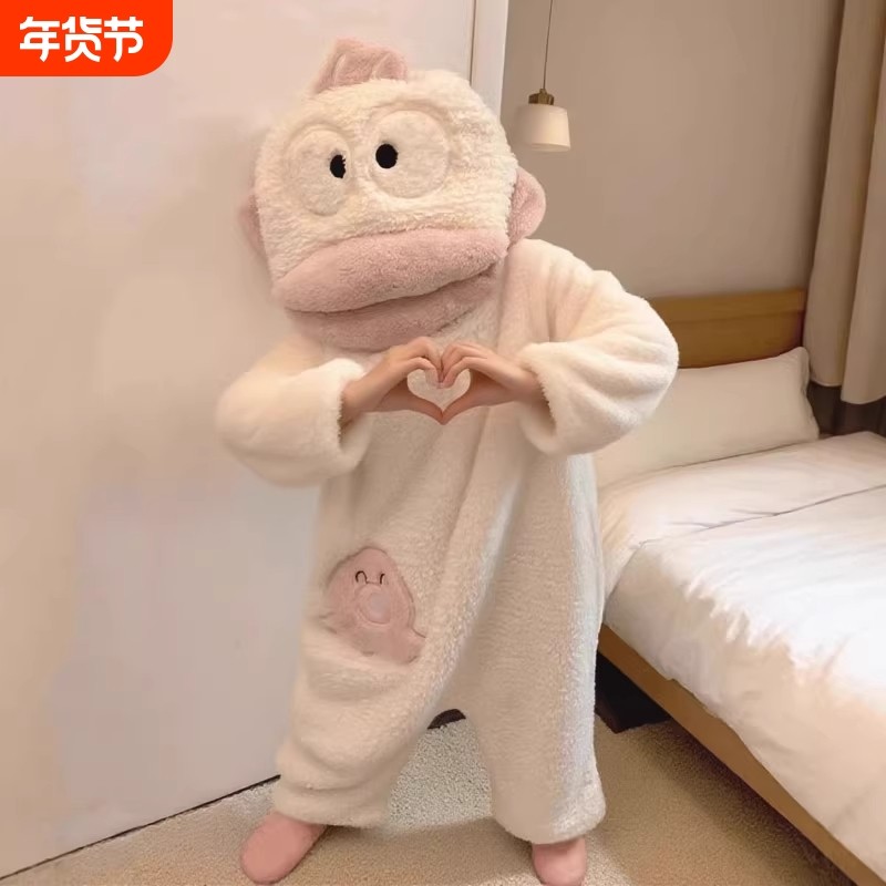 2025新款丑鱼儿童连体睡衣秋冬季珊瑚绒搞怪连帽睡袍加厚保暖女孩,童装/婴儿装/亲子装,家居服连体衣,淘宝优惠券,粉丝福利购,淘宝优惠卷