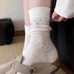 薄款 白色镂空袜子女夏季 纯棉无骨中筒袜日系ins潮网眼透气堆堆袜