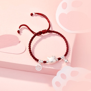 足银999纯银kitty猫手链手工编织手绳学生男女闺蜜款红绳生日礼物