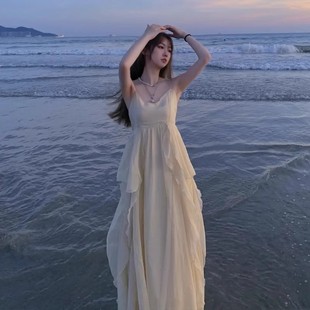 沙滩吊带裙长裙新白色三亚 仙女裙吊带连衣裙海边度假连衣裙子夏季