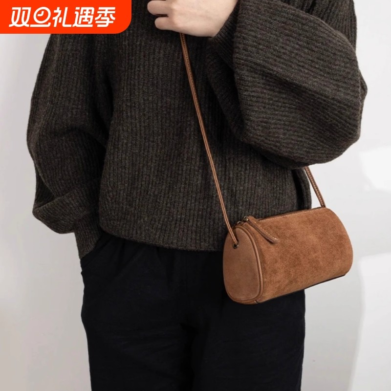 秋冬季小众手机包时尚休闲复古绒面软皮圆筒包水桶包女包包斜挎