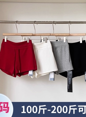 大码胖mm抽绳高腰休闲短裤女夏季直筒宽松显瘦红色阔腿裤a字热裤