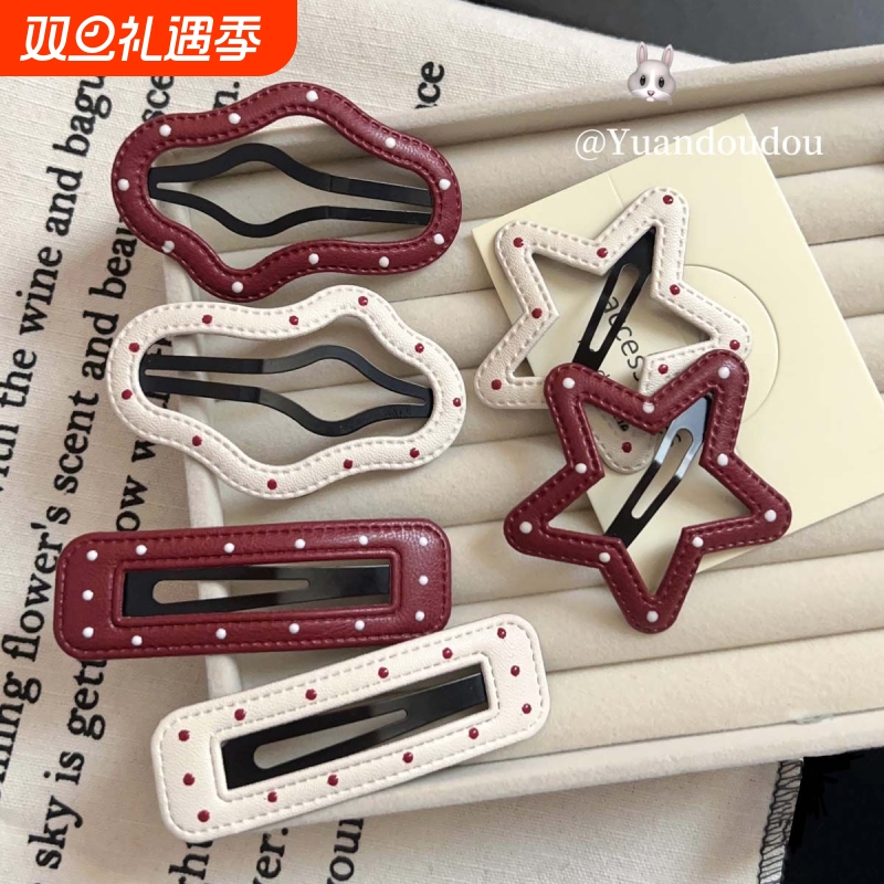 韩版安可拉红波点皮质发夹五角星云朵BB夹侧边刘海夹边夹发卡发夹