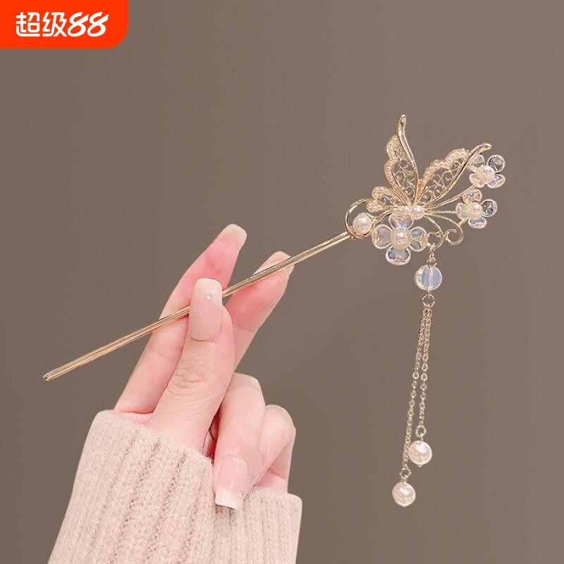 蝴蝶气质中式步摇发簪汉服古风头饰高级感发钗女古装盘发流苏簪子