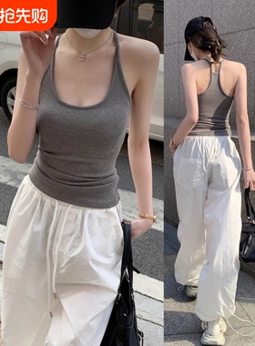 工字吊带背心女内搭夏季带胸垫外穿挂脖运动健身美背上衣黑色蓝色