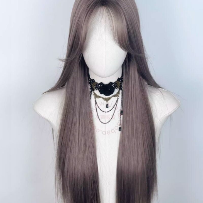 Lolita灰粉色中分长直发亚比日韩辣妹八字刘海假发自然长发全头