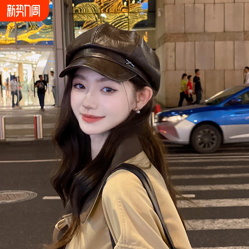 PU皮质八角帽大头围帽子女2025新款秋冬季复古显脸小画家贝雷帽