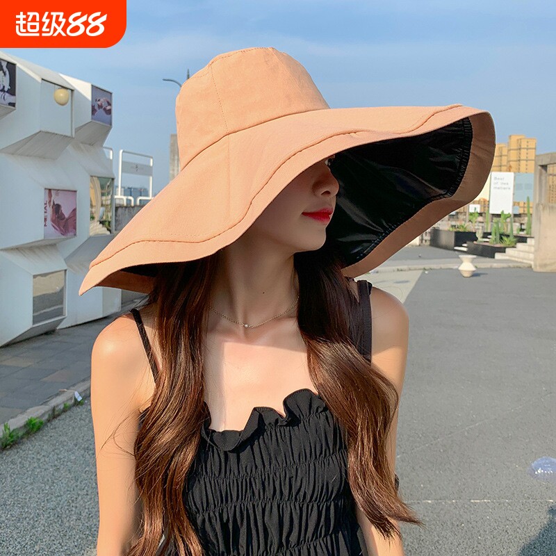 日本黑胶防晒帽子女夏天超大檐防紫外线遮阳帽可折叠渔夫帽