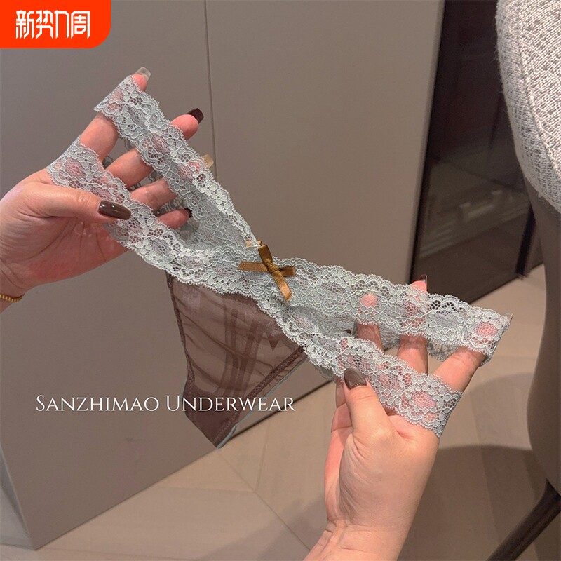 2025新款性感蕾丝丁字裤女低腰网纱蝴蝶结三角内裤纯欲风系带抗菌