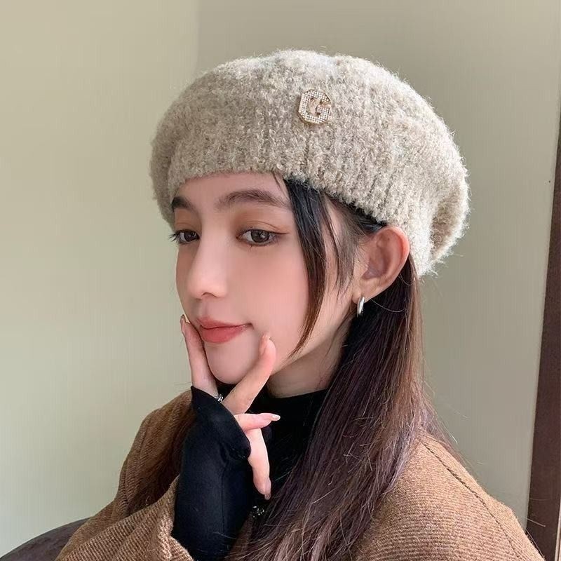 韩版秋冬帽子女百搭女士保暖针织帽网红铁标毛线帽日系文艺贝雷帽