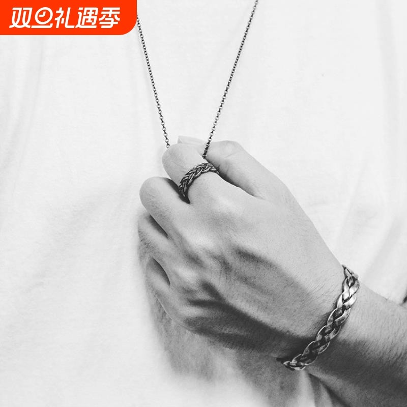 欧美简约复古麻花钛钢戒指开口男女个性指环时尚百搭情侣对戒饰品
