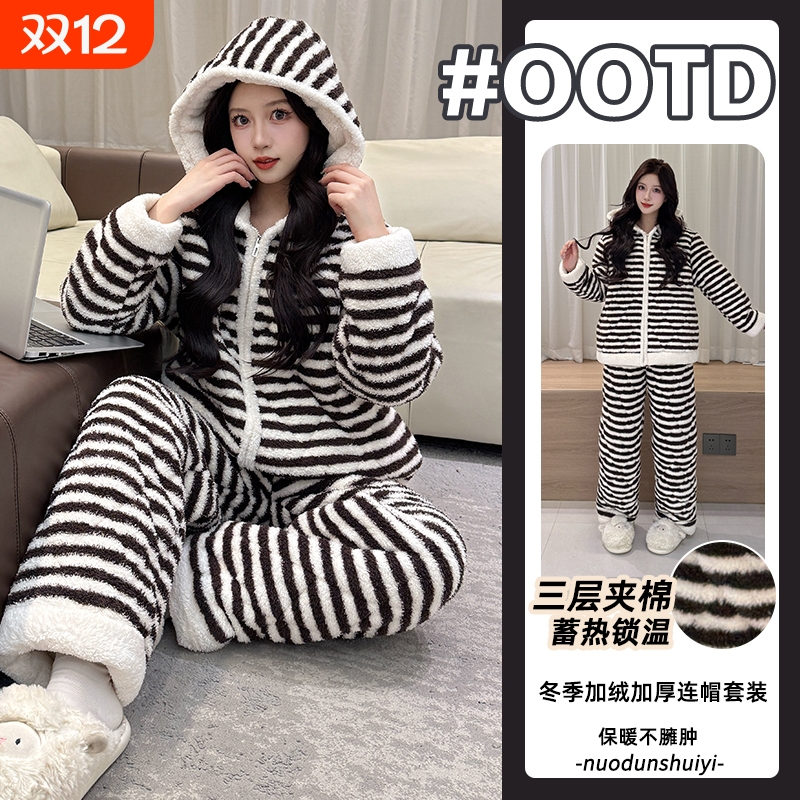 珊瑚绒棉袄睡衣女秋冬季三层夹棉