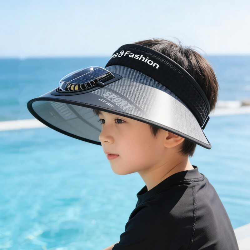 儿童帽子夏季太阳能风扇帽男女户外防晒遮阳帽中大童初中生空顶帽图片