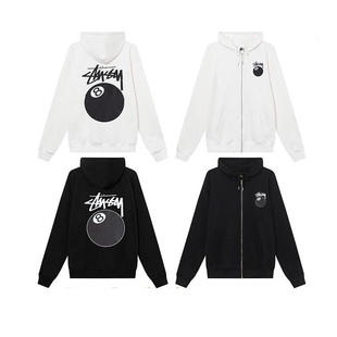 斯图西Stu拉链卫衣外套连帽黑八骰子联名重磅加绒冬带帽开衫白色