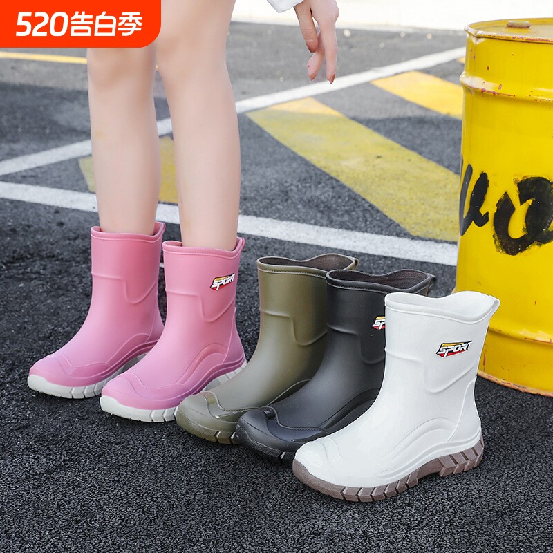 日系新款中筒雨鞋女士胶鞋外穿防滑水靴厚底收口水鞋加绒短筒雨靴
