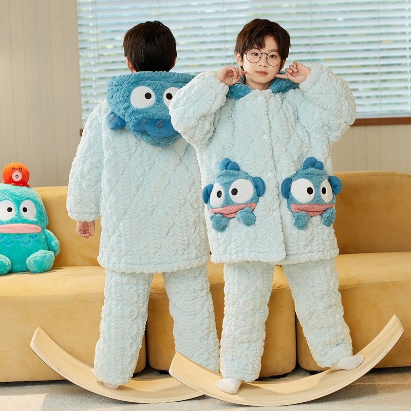 2025新款男童冬季三层加厚夹棉珊瑚绒男孩保暖睡袍家居服儿童睡衣
