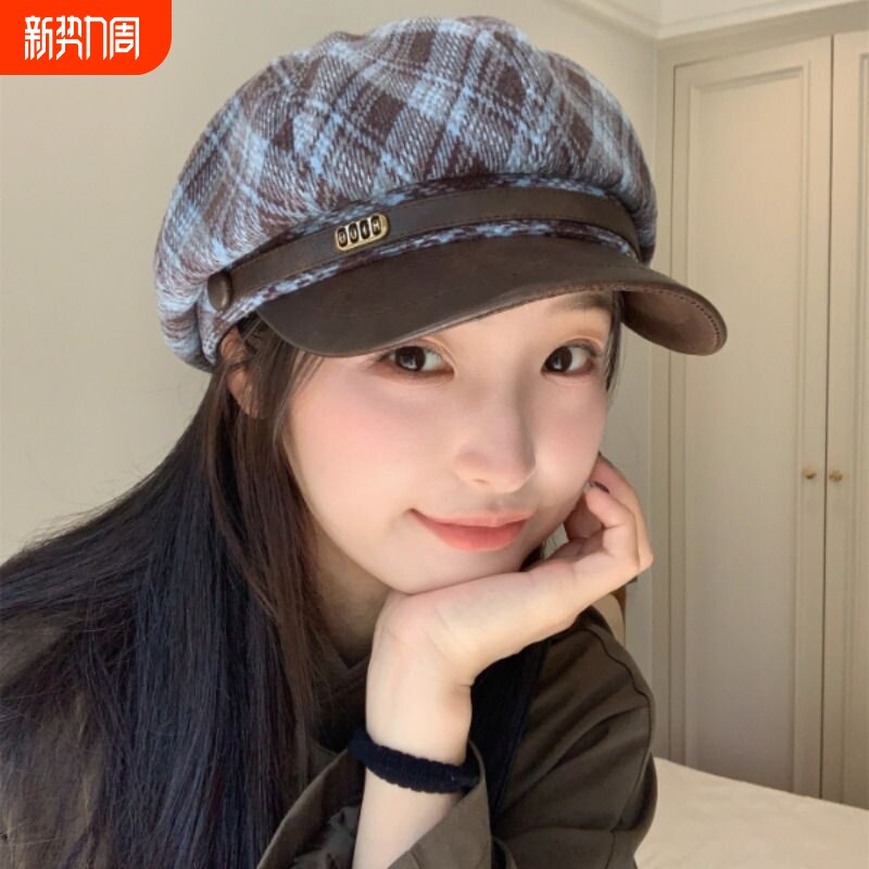 显脸小英伦风格纹毛呢八角帽黑复古贝雷帽女画家报童帽子格子冬季