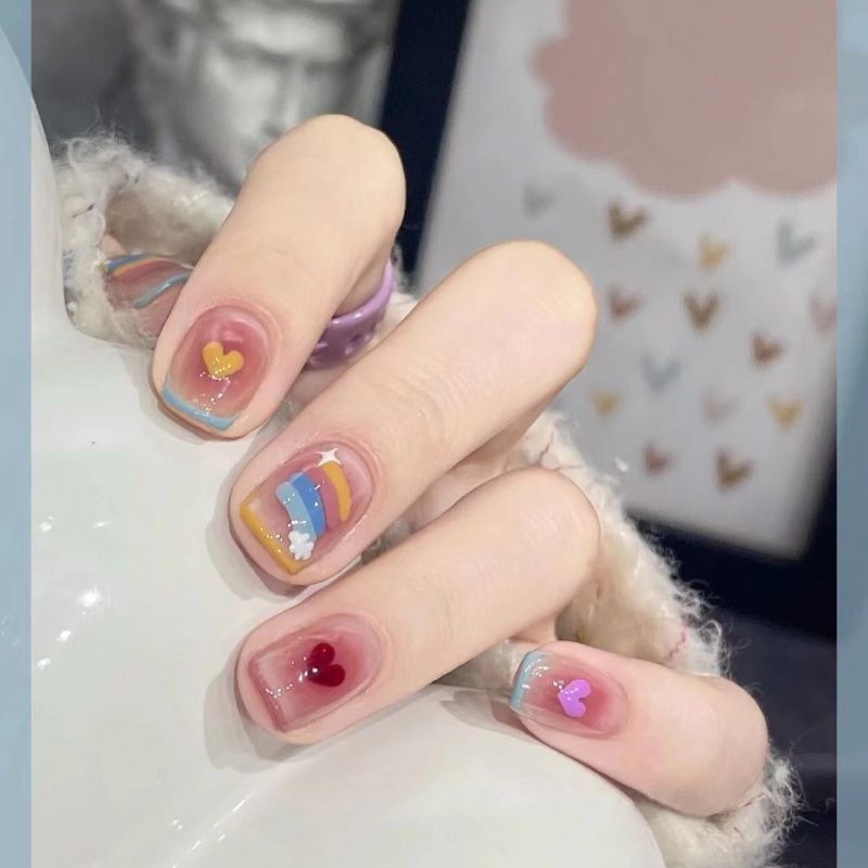 纯手工美甲穿戴甲假指甲贴片手绘ins可爱糖果色彩虹腮红法式爱心