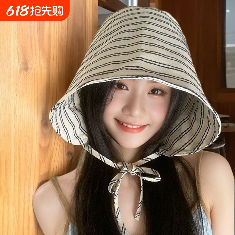 条纹系带渔夫帽女2026新款大帽檐显脸小百搭韩版防晒包头水桶盆帽