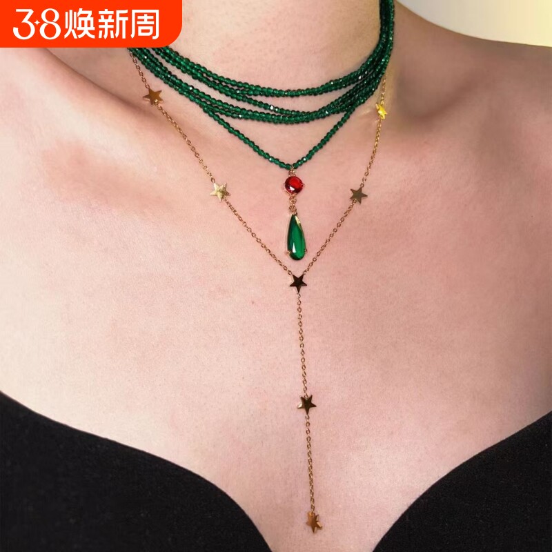 「哈尔」小众轻奢高级感绿色串珠choker叠戴项链法式复古锁骨链女