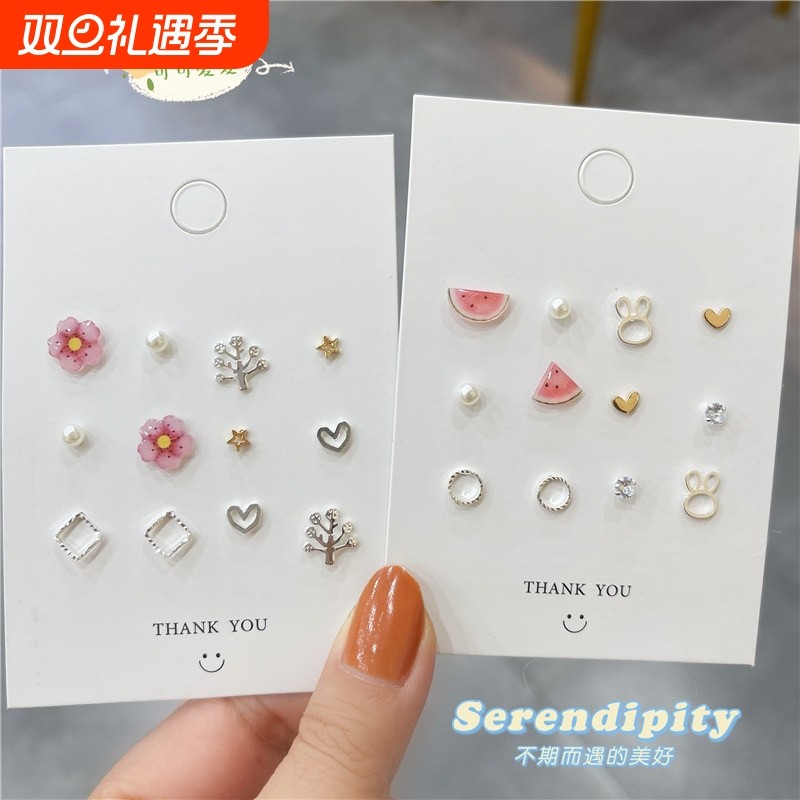 s925纯银针西瓜耳钉套装韩版ins风夏日小清新简约百搭耳环女镂