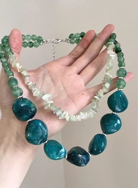 Vintage古着 Green resin beads项链绿色串珠石头双层叠戴项链