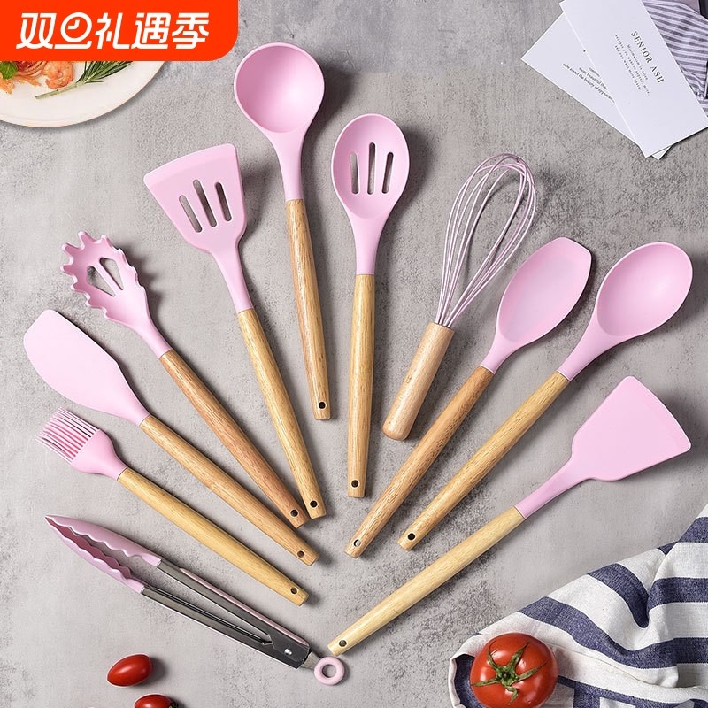 木柄硅胶厨具套装12件套厨房耐高温防烫不粘锅硅胶铲汤勺烹饪工具