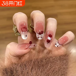 手工猫眼KT糖葫芦显白美甲穿戴甲中长款新年红色杏仁法式椭圆带钻