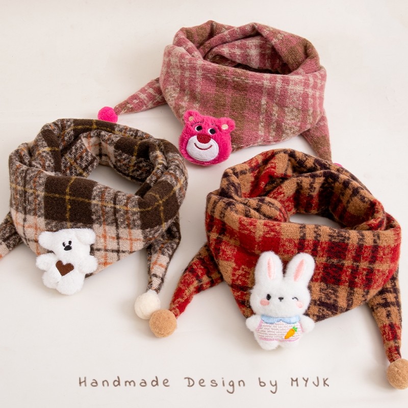 秋冬新款儿童格子围巾加厚防风保暖三角巾披肩男女孩亲肤护颈围脖