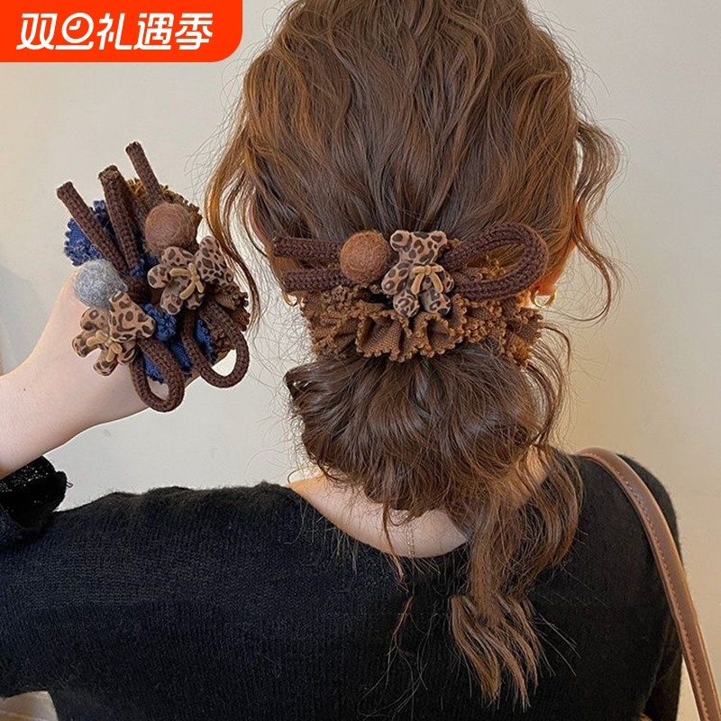 秋冬豹纹小熊发圈毛球大肠高级皮筋感低花盘马尾丸子头绳发绳秋