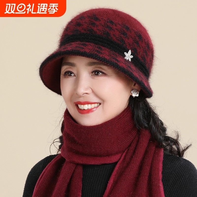 中老年人妈妈帽子女保暖老太太老人奶奶冬季针织毛线帽紫色红色