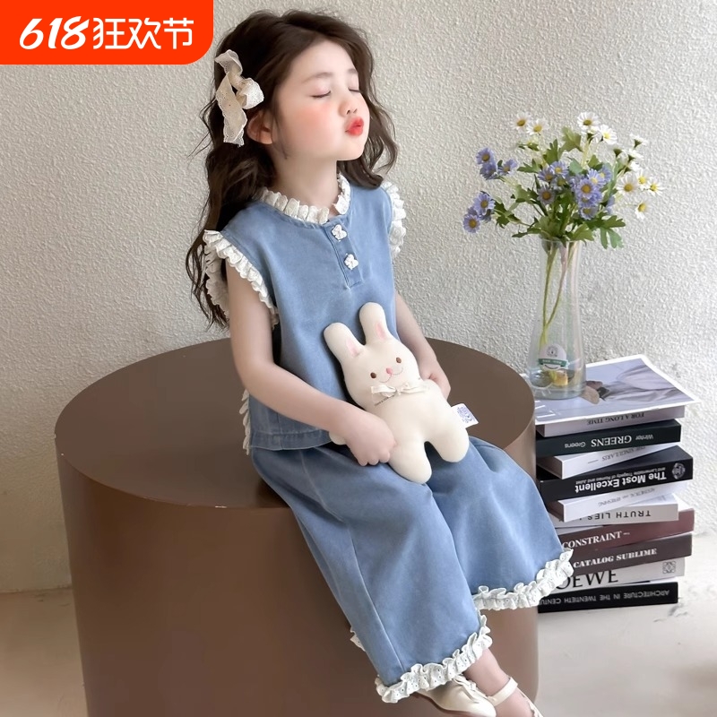 女童夏季牛仔背心套装阔腿裤新款女孩礼物无袖两件套宝宝衣服薄款