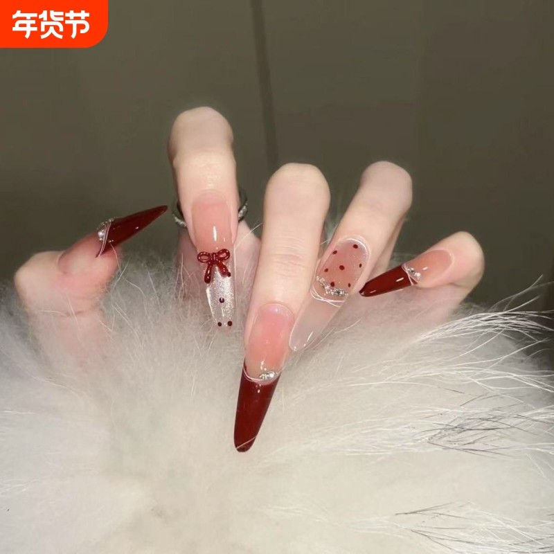 秋冬显白波点法式穿戴甲长款美甲贴片红色椭圆杏仁蝴蝶结带钻扁平,彩妆/香水/美妆工具,穿戴甲/甲片,淘宝优惠券,粉丝福利购,淘宝优惠卷