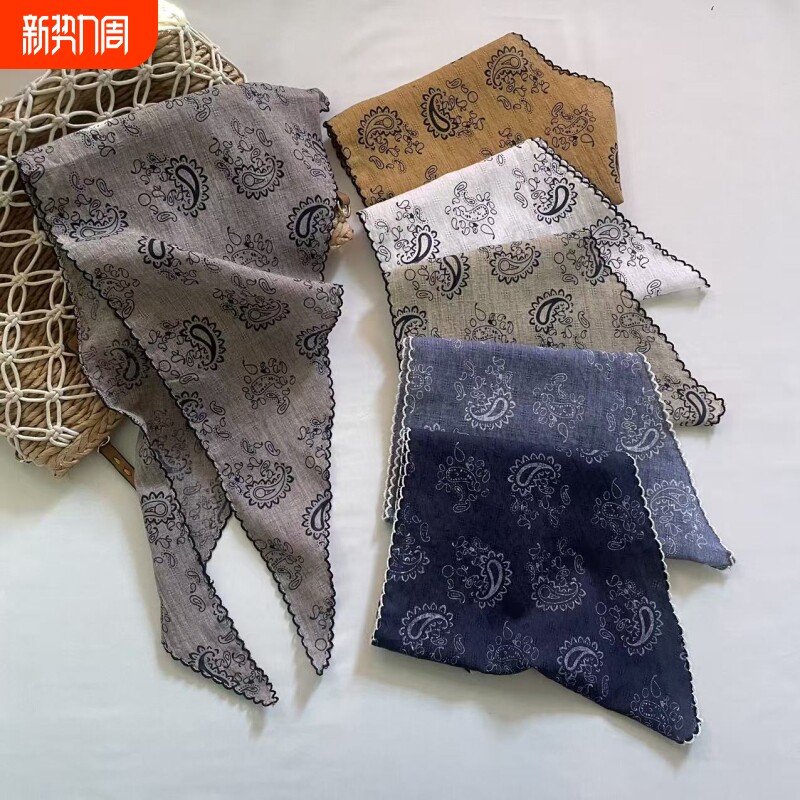 日系棉麻三角巾丝巾女春秋韩国小领巾装饰时尚小碎花腰果百搭头巾